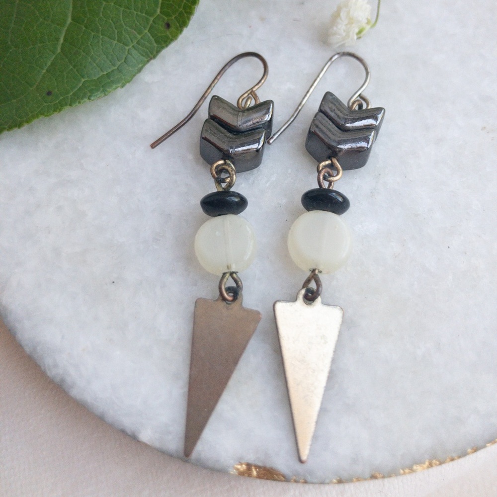 Geometric Gold, Ceramic, and Stone Bead Dangle Earrings
